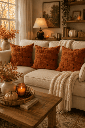 Cream living room decorated with cozy pumpkin throw pillows, knit blanket, candles, and warm autumn home decor.