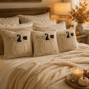 Warm neutral bedroom decorated with soft pumpkin accent pillows, chunky knit blanket, candlelight, and elegant autumn bedroom decor for a cozy seasonal retreat.