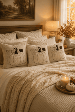 Warm neutral bedroom decorated with soft pumpkin accent pillows, chunky knit blanket, candlelight, and elegant autumn bedroom decor for a cozy seasonal retreat.