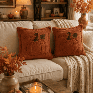 Neutral sofa styled with rustic pumpkin accent pillows, knit throw blanket, candles, and cozy fall home decor.