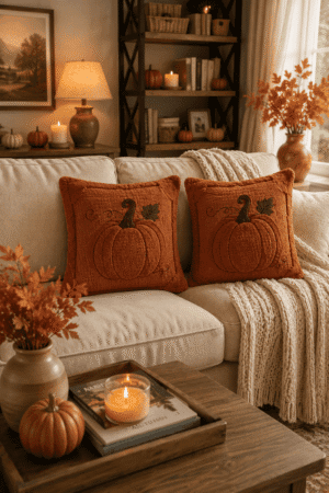 Neutral sofa styled with rustic pumpkin accent pillows, knit throw blanket, candles, and cozy fall home decor.
