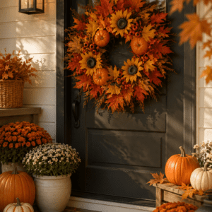 Black front door decorated with a colorful fall wreath, pumpkins, mums, lanterns, and cozy autumn porch decor.