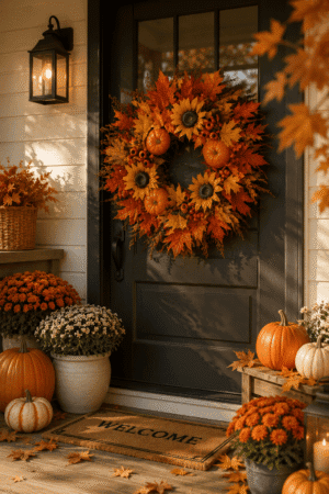 Black front door decorated with a colorful fall wreath, pumpkins, mums, lanterns, and cozy autumn porch decor.