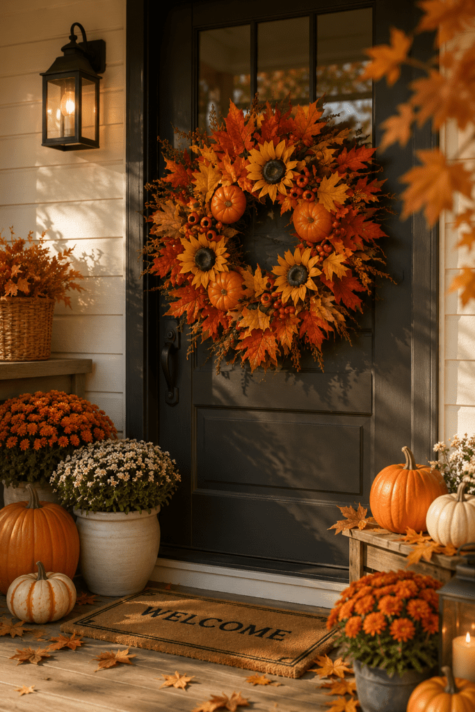 Black front door decorated with a colorful fall wreath, pumpkins, mums, lanterns, and cozy autumn porch decor.