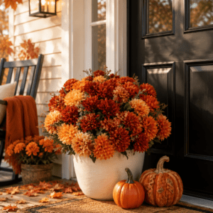 Front porch decorated with fall mums, pumpkins, rocking chair, autumn leaves, and cozy seasonal decorations.