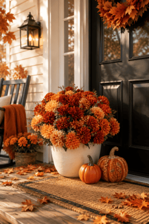 Front porch decorated with fall mums, pumpkins, rocking chair, autumn leaves, and cozy seasonal decorations.