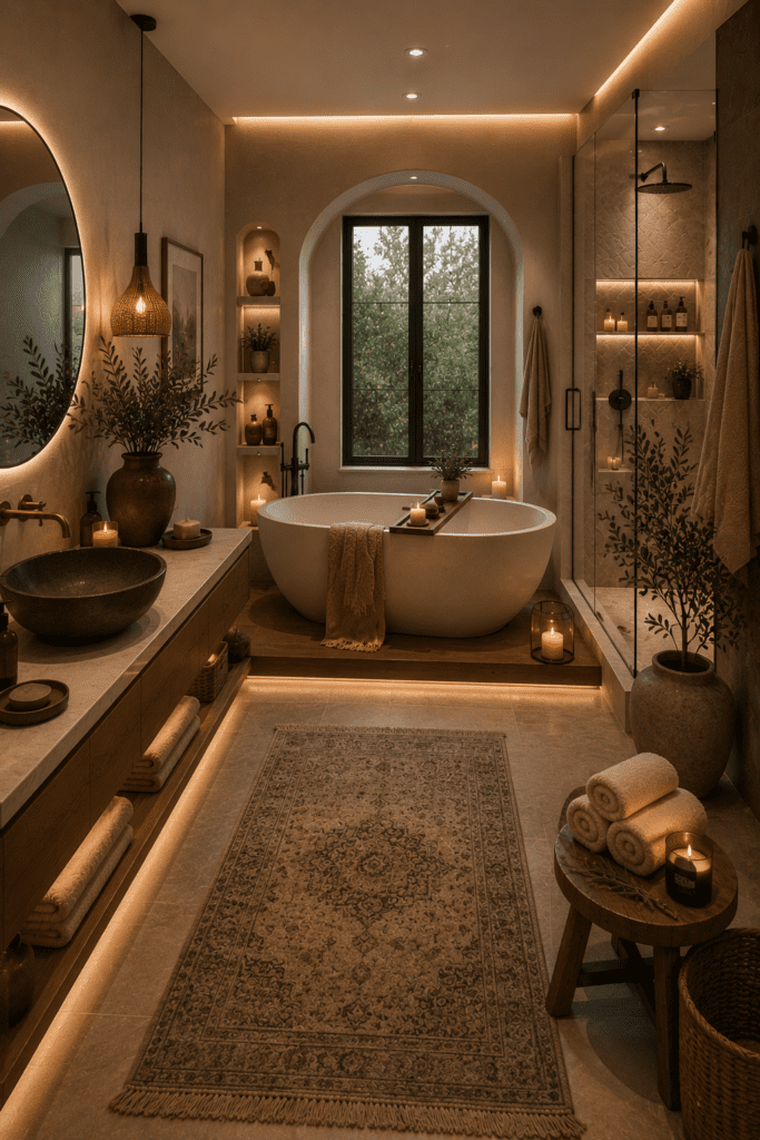 Cozy bathroom ideas featuring a freestanding tub, warm wood vanity, soft lighting, candles, greenery, and a relaxing spa-inspired design.