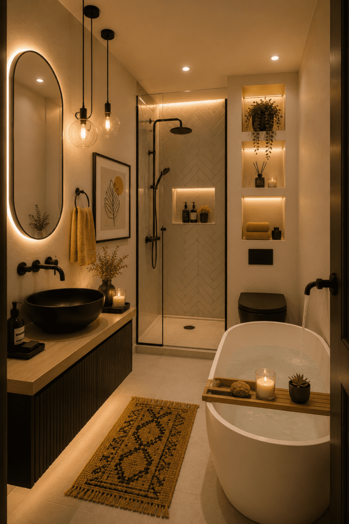 Small cozy bathroom ideas featuring a black vessel sink, freestanding bathtub, walk-in shower, warm lighting, and minimalist decor.