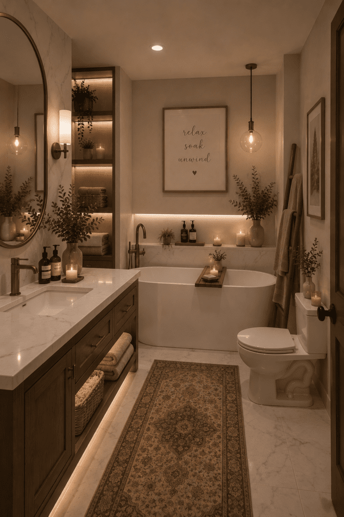 Cozy bathroom ideas with marble countertops, warm wood vanity, candles, greenery, soft lighting, and a peaceful spa-like atmosphere.