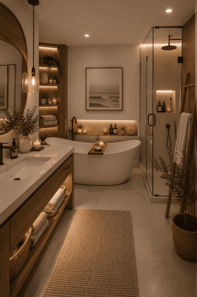 Cozy bathroom ideas featuring wooden shelves, neutral tones, freestanding bathtub, glass shower, and warm relaxing lighting.