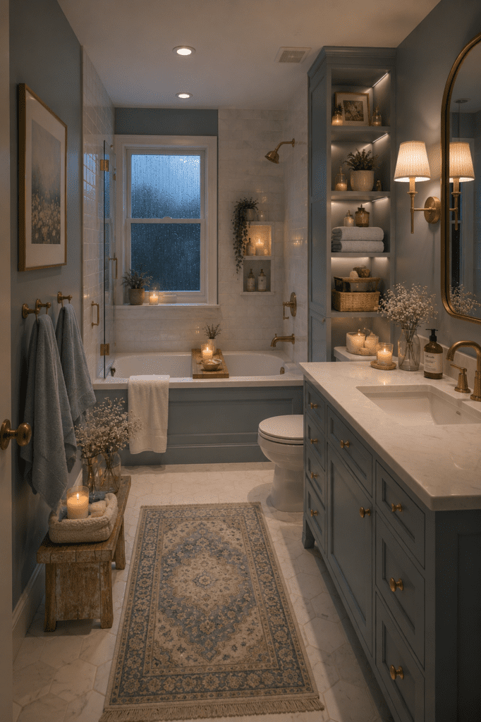 Cozy bathroom ideas featuring soft blue cabinets, warm candles, freestanding tub, rainy window view, and elegant bathroom styling.