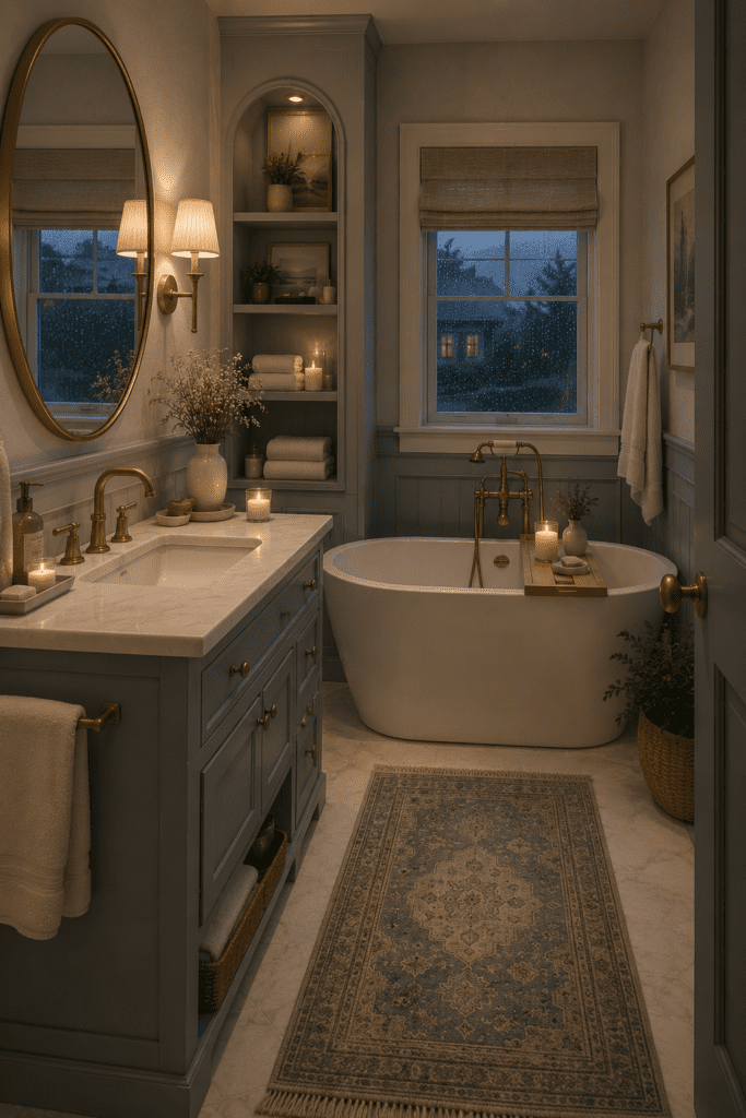 Cozy bathroom ideas featuring a freestanding bathtub, classic blue cabinetry, gold fixtures, soft lighting, and timeless vintage-inspired decor.