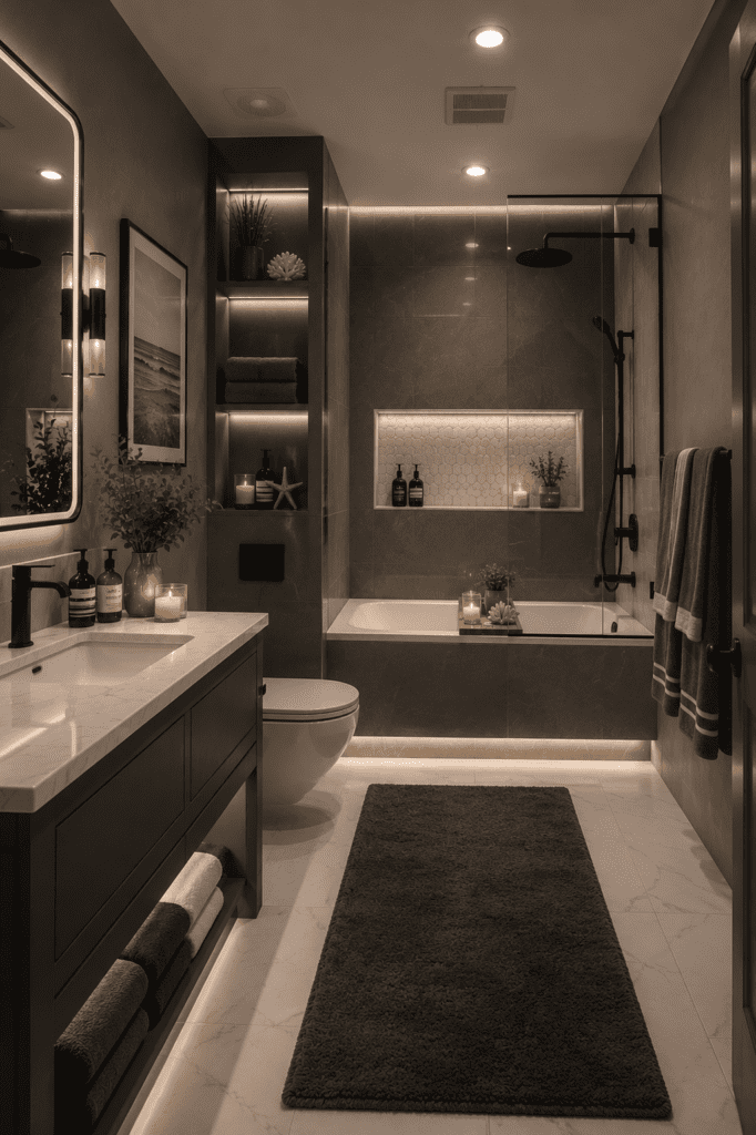 Cozy bathroom ideas featuring charcoal cabinetry, LED lighting, bathtub, walk-in shower, and modern spa-inspired bathroom decor.