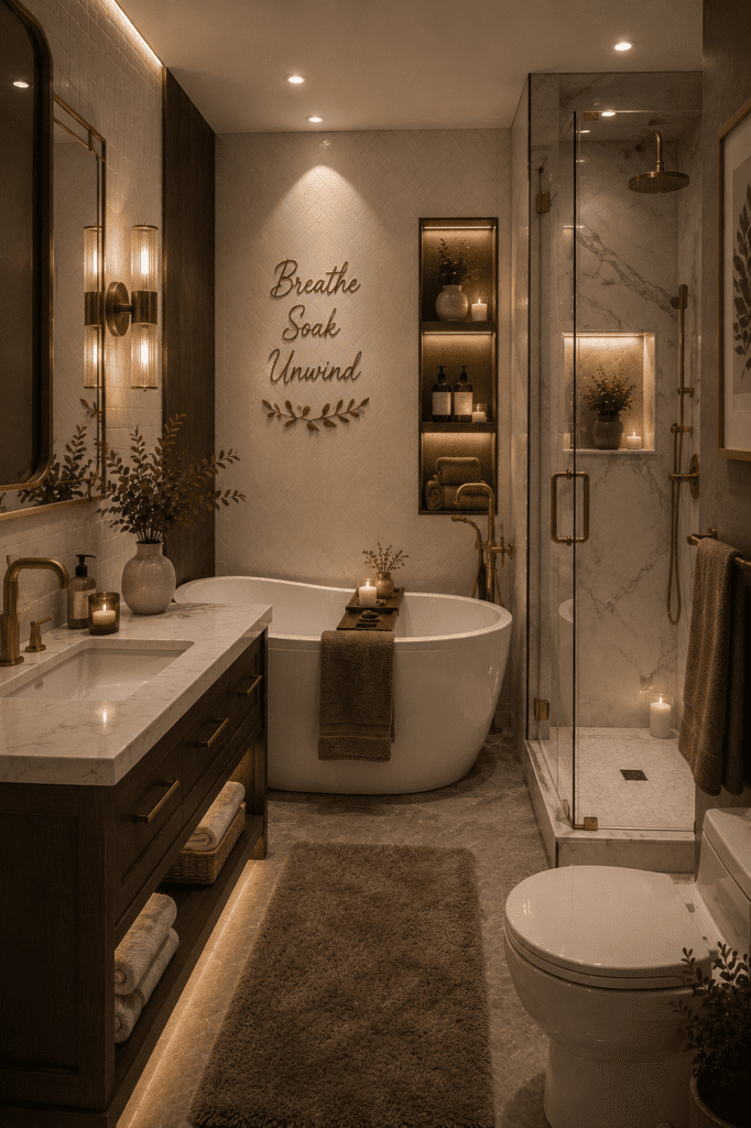 Cozy bathroom ideas featuring a freestanding tub, marble shower, warm lighting, wooden vanity, candles, and spa-inspired decor.