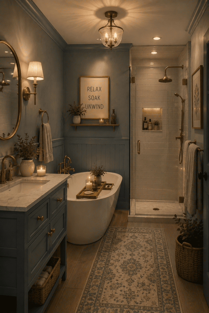 Cozy bathroom ideas featuring a blue vanity, freestanding bathtub, glass shower, warm candlelight, and relaxing spa-inspired design.
