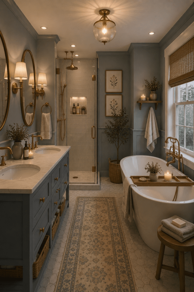 Cozy bathroom ideas with soft blue cabinets, brass fixtures, freestanding bathtub, botanical decor, and elegant vintage-inspired styling.