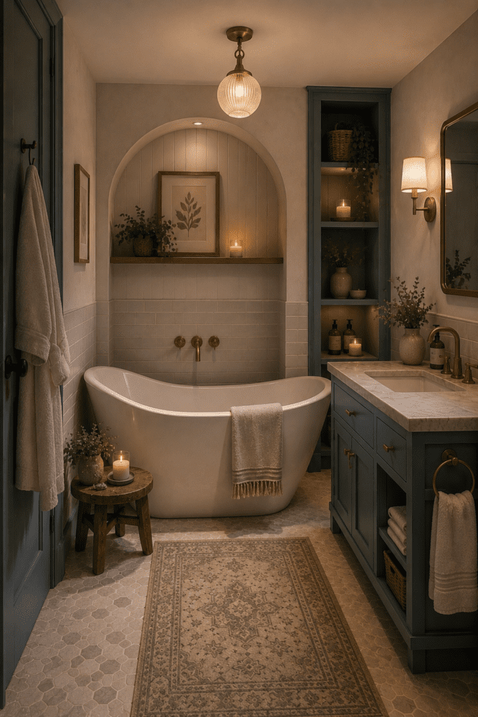 Cozy bathroom ideas with a freestanding tub, built-in wall niche, soft lighting, blue cabinetry, and timeless neutral decor.