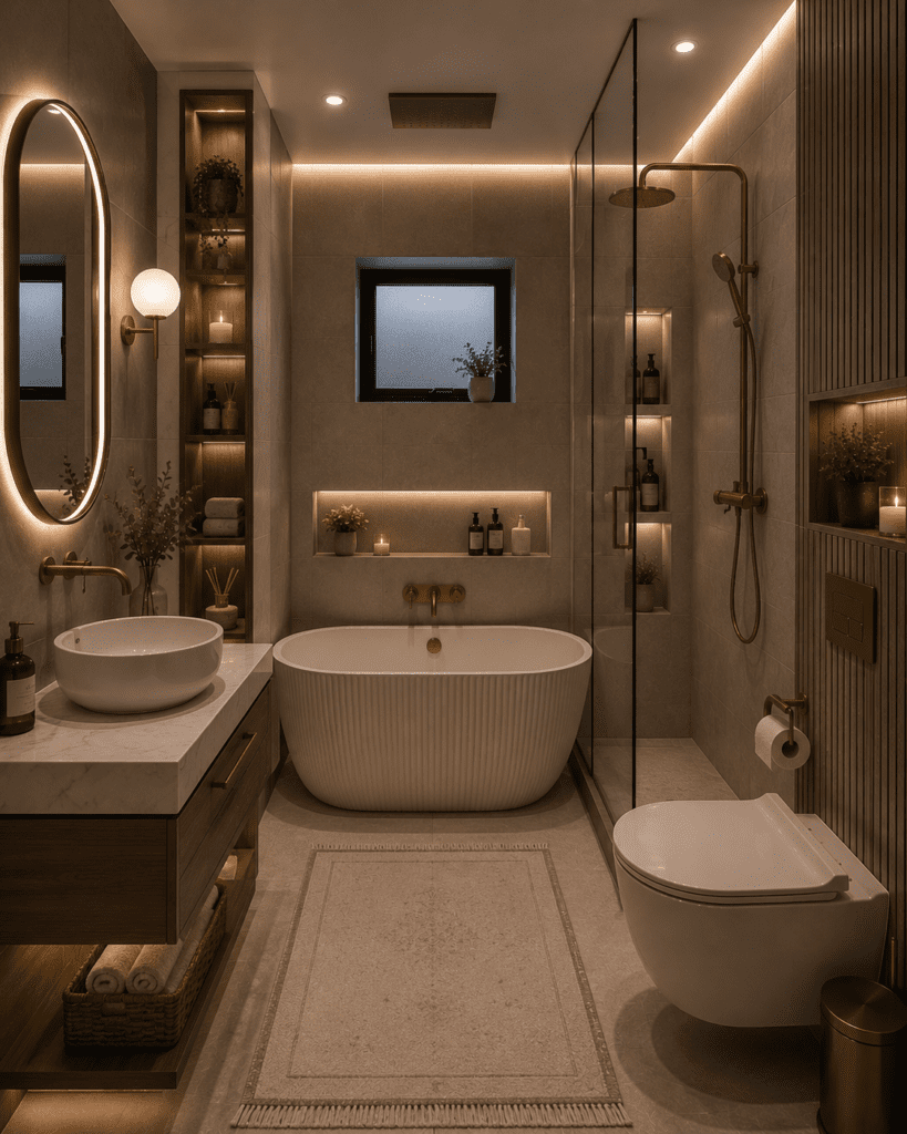 Cozy bathroom ideas featuring a modern freestanding bathtub, vessel sink, recessed shelves, LED lighting, and minimalist bathroom decor.