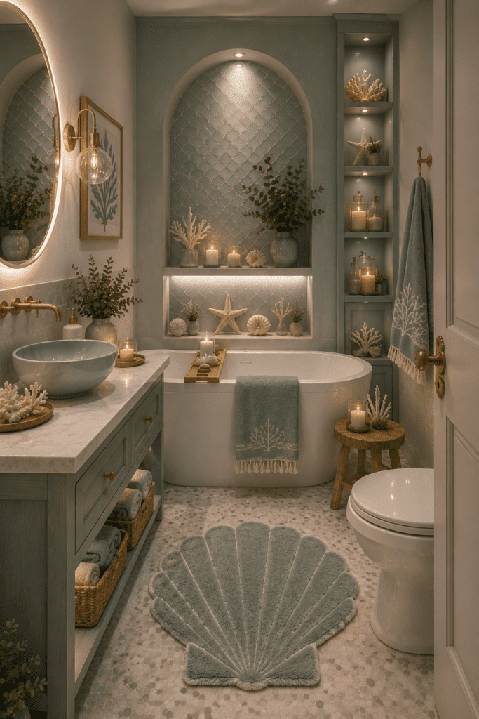 Cozy bathroom ideas featuring coastal blue accents, shell decor, soft lighting, freestanding tub, and relaxing beach-inspired bathroom styling.