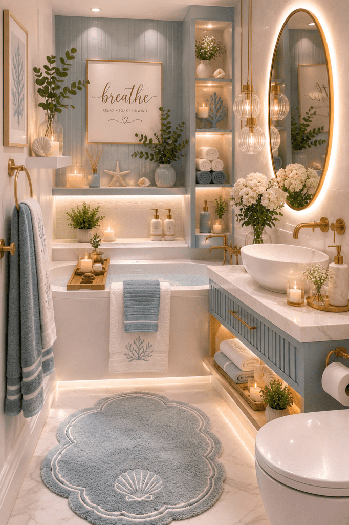 Cozy bathroom ideas with coastal blue cabinetry, white marble vanity, candles, botanical accents, and a luxurious spa-inspired atmosphere.