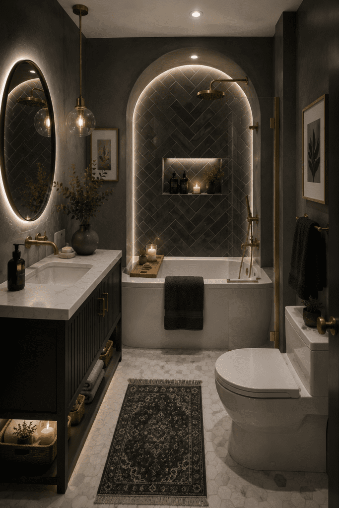 Cozy bathroom ideas with dark wall tiles, arched niche, built-in bathtub, soft LED lighting, and luxurious contemporary styling.