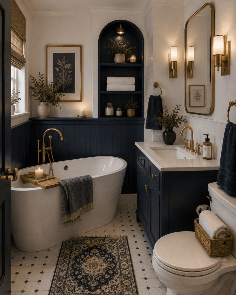 Cozy bathroom ideas featuring a white freestanding bathtub, navy blue vanity, built-in wall niche, brass fixtures, botanical decor, and warm candle lighting.