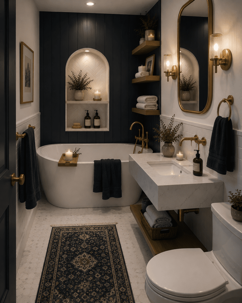Cozy bathroom ideas with a navy accent wall, freestanding tub, floating marble vanity, brass fixtures, open wooden shelves, and soft ambient lighting.