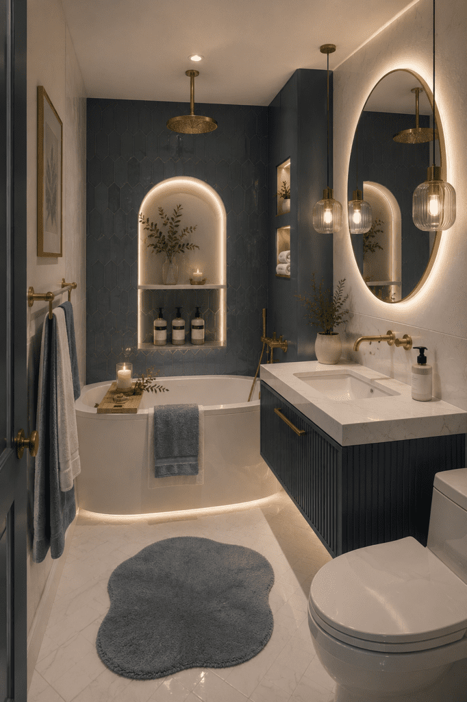 Cozy bathroom ideas featuring navy blue wall tiles, a freestanding bathtub, floating vanity, warm pendant lighting, and a relaxing spa-inspired design.