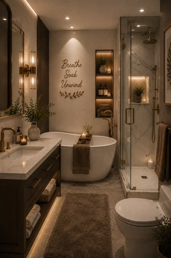 Cozy bathroom ideas featuring dark gray cabinetry, freestanding bathtub, marble shower, warm lighting, and elegant modern decor.