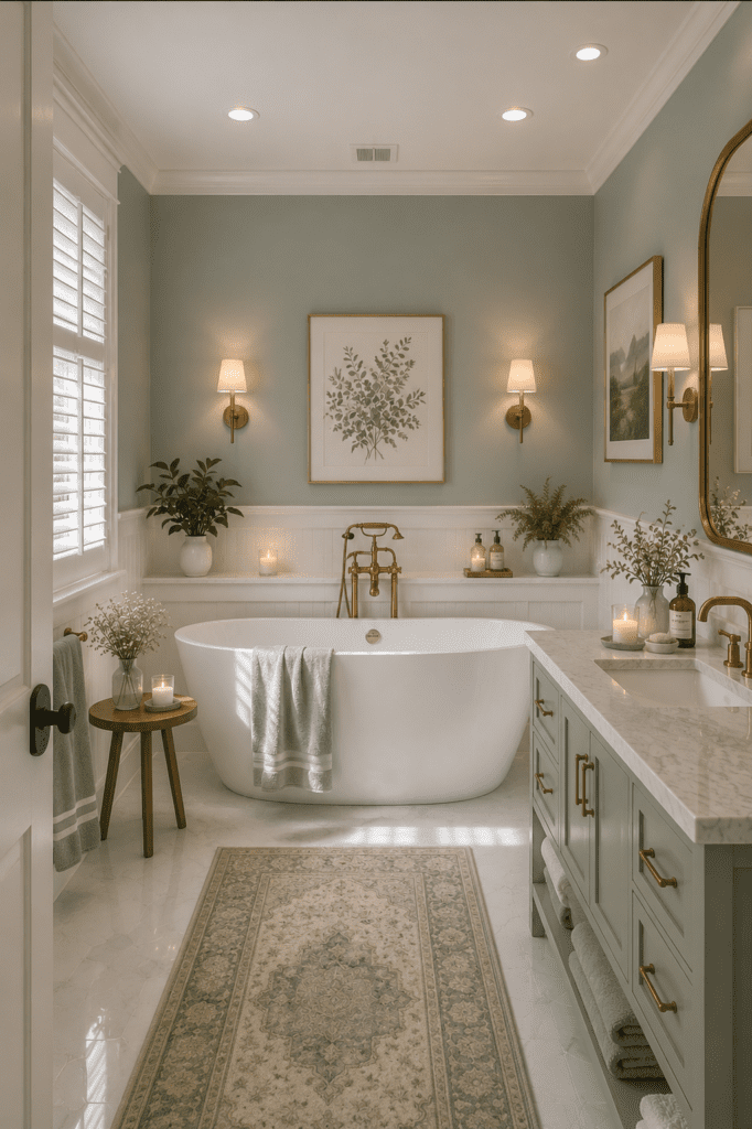 Cozy bathroom ideas with sage green cabinets, brass fixtures, freestanding bathtub, botanical artwork, and natural light.