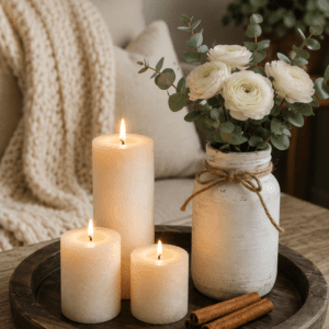 Cozy farmhouse candle centerpiece with white flowers, eucalyptus, rustic wooden tray, and neutral living room decor.