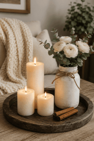 Cozy farmhouse candle centerpiece with white flowers, eucalyptus, rustic wooden tray, and neutral living room decor.