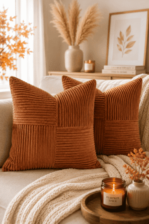 Rust-colored corduroy throw pillows on a cream sofa with pumpkin spice candle and cozy autumn home decor.