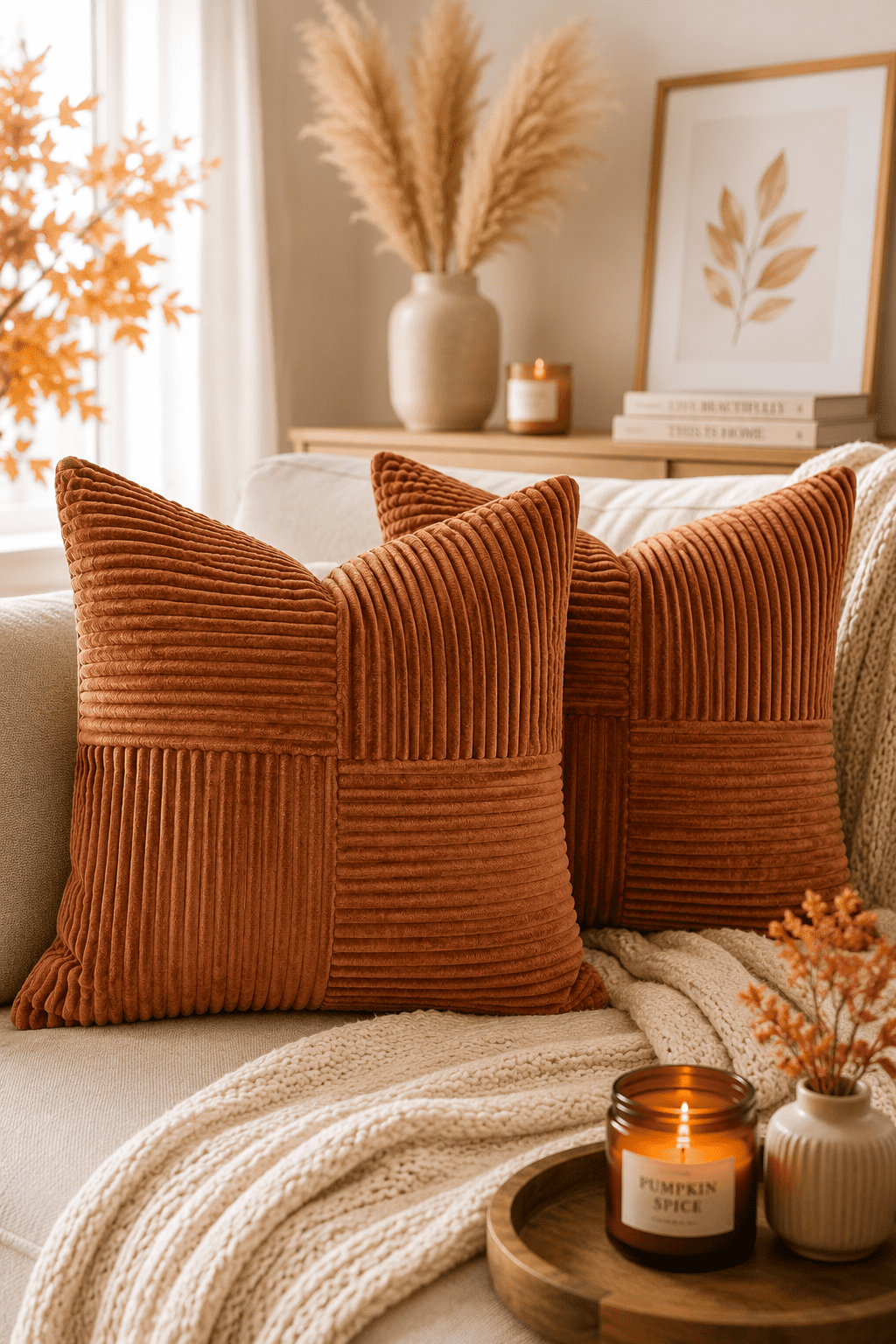 Rust-colored corduroy throw pillows on a cream sofa with pumpkin spice candle and cozy autumn home decor.