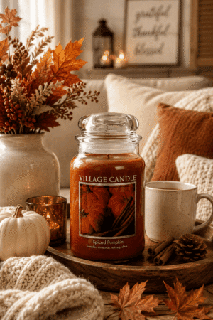 Pumpkin spice scented candle with autumn leaves, white pumpkin, cozy pillows, and warm fall living room decor.