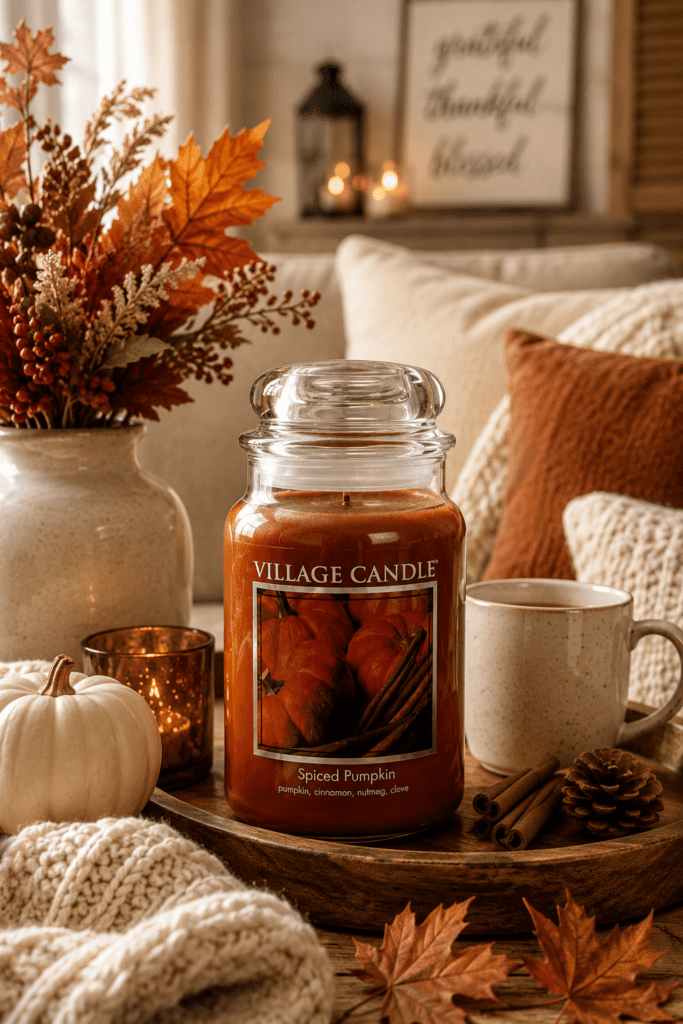 Pumpkin spice scented candle with autumn leaves, white pumpkin, cozy pillows, and warm fall living room decor.