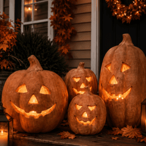 Glowing carved Halloween pumpkins displayed on a cozy front porch with autumn leaves and warm fall lighting.