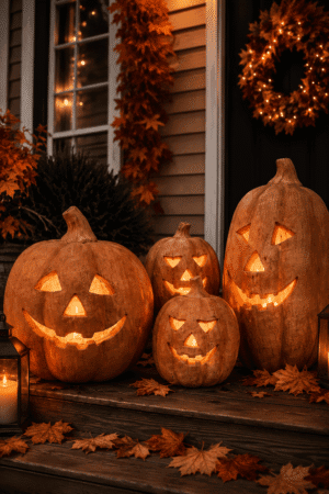 Glowing carved Halloween pumpkins displayed on a cozy front porch with autumn leaves and warm fall lighting.