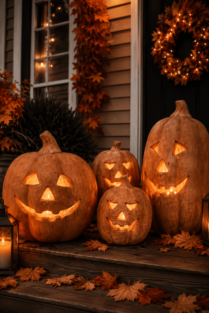 Glowing carved Halloween pumpkins displayed on a cozy front porch with autumn leaves and warm fall lighting.
