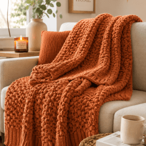 Cozy chunky knit throw blanket draped over a beige sofa with a pumpkin spice candle and warm autumn living room decor.