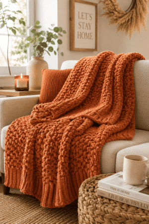 Cozy chunky knit throw blanket draped over a beige sofa with a pumpkin spice candle and warm autumn living room decor.