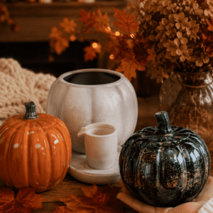 Decorative ceramic pumpkins styled with candles, dried flowers, and cozy autumn home accessories.