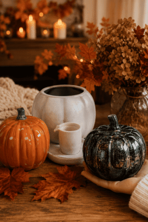 Decorative ceramic pumpkins styled with candles, dried flowers, and cozy autumn home accessories.