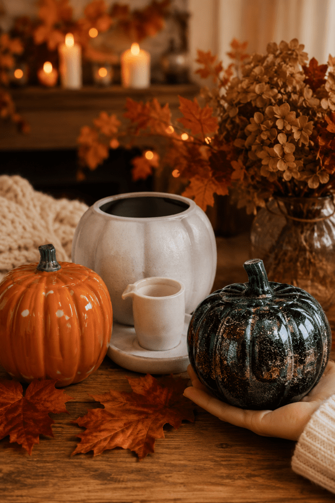 Decorative ceramic pumpkins styled with candles, dried flowers, and cozy autumn home accessories.