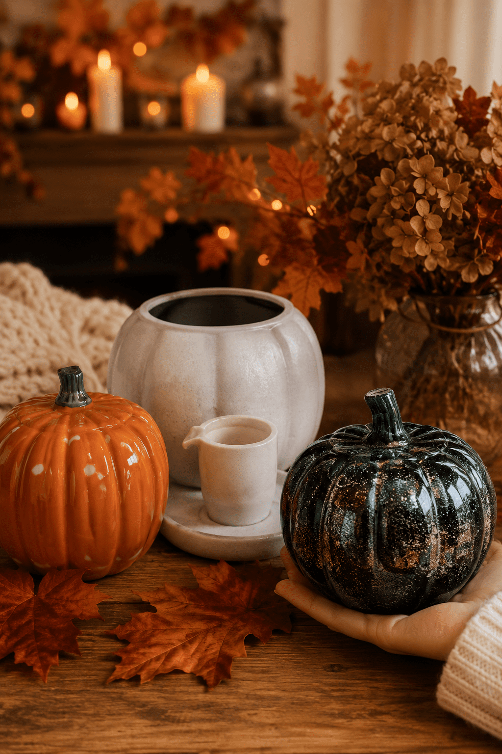 Decorative ceramic pumpkins styled with candles, dried flowers, and cozy autumn home accessories.