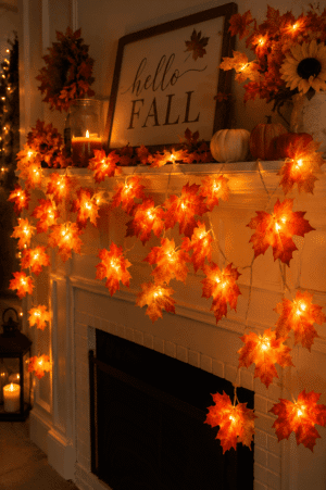 Fireplace mantel decorated with glowing maple leaf string lights, pumpkins, candles, and cozy fall decorations.