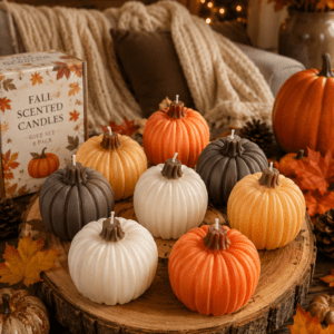 Decorative pumpkin-shaped candles displayed on a rustic wooden tray with cozy autumn decorations.