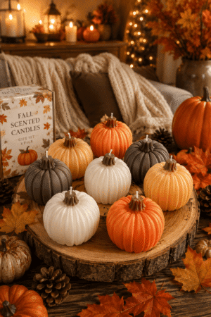 Decorative pumpkin-shaped candles displayed on a rustic wooden tray with cozy autumn decorations.