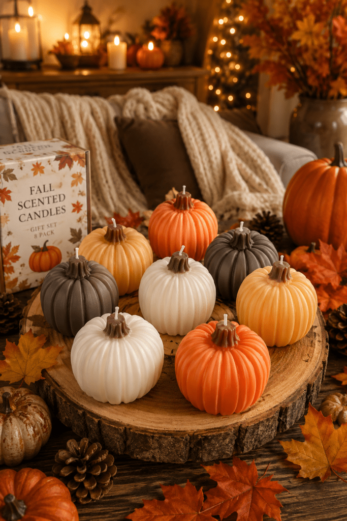 Decorative pumpkin-shaped candles displayed on a rustic wooden tray with cozy autumn decorations.