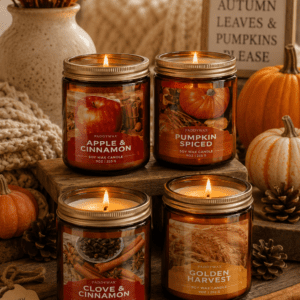 Collection of pumpkin spice, apple cinnamon, clove, and harvest scented candles arranged with fall decorations.